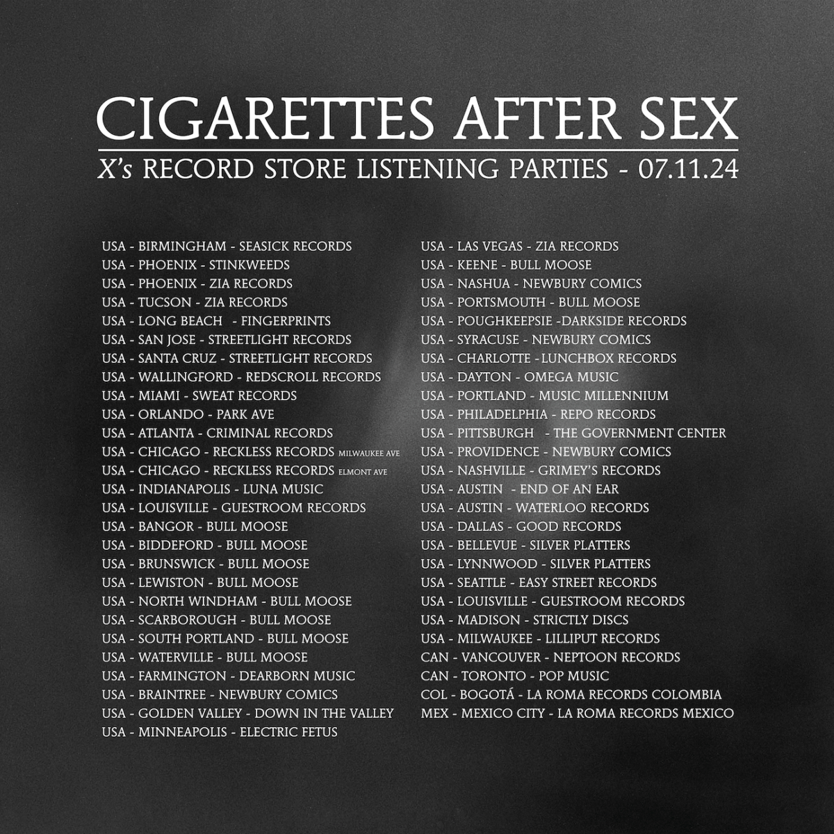 Cigarettes After Sex "X" listening party 7/11 at 5:30pm