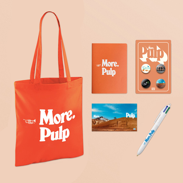 Pulp party prize pack includes tote, pen, pinpack, postcard, and journal