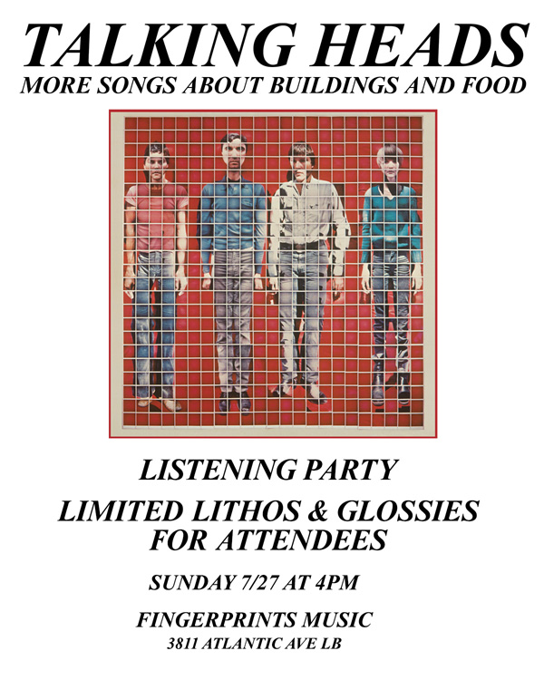 MORE SONGS ABOUT BUILDINGS AND FOOD listening party at Fingerprints on Sunday 7/27 at 4pm