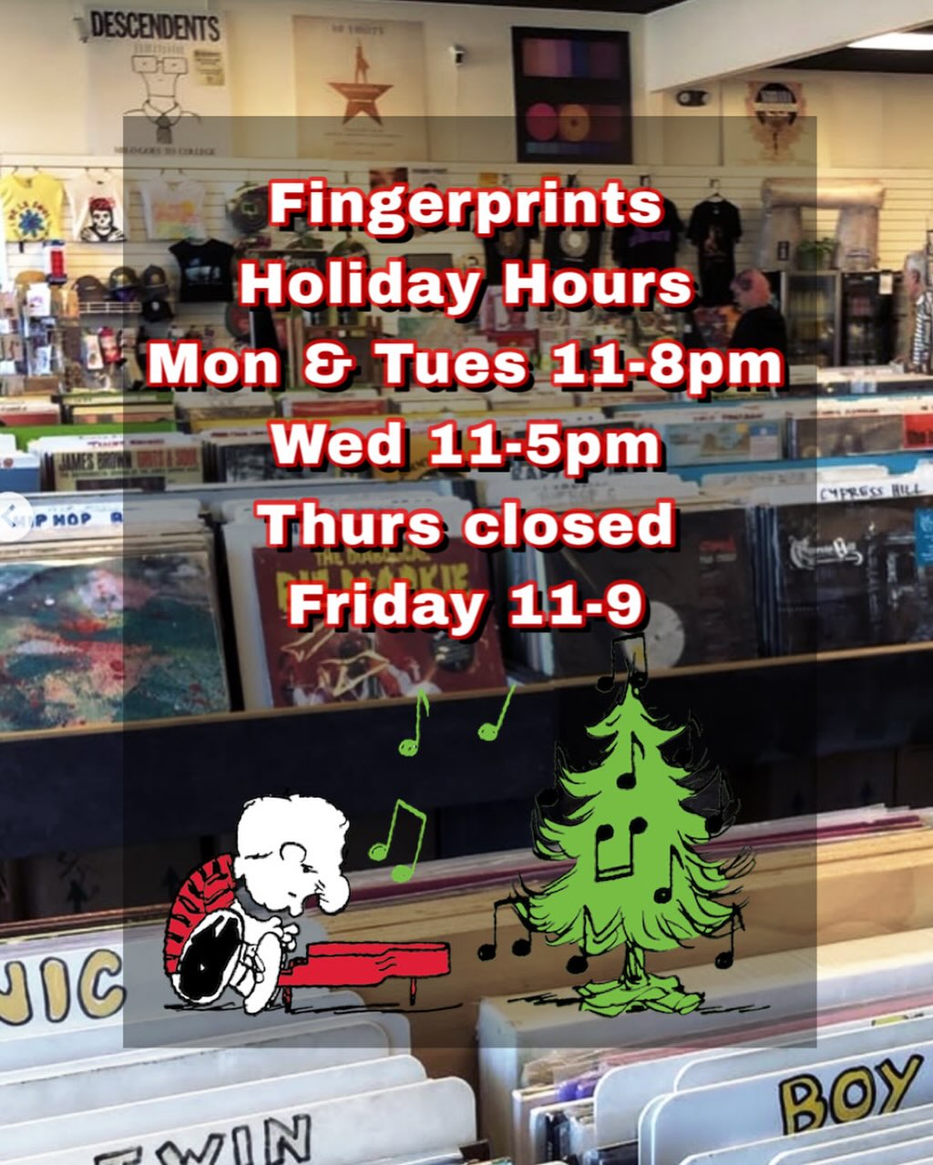 Fingerprints Holiday Hours 2025 Mon 12/22 11-8 Tues 12/23 11-8 Wed 12/24 11-5 Thurs 12/25 closed