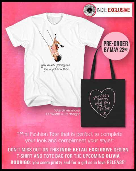 Olivia Rodrigo - Pretty Sad So In Love - Indie Store Exclusive white T-shirt and black Tote Bag